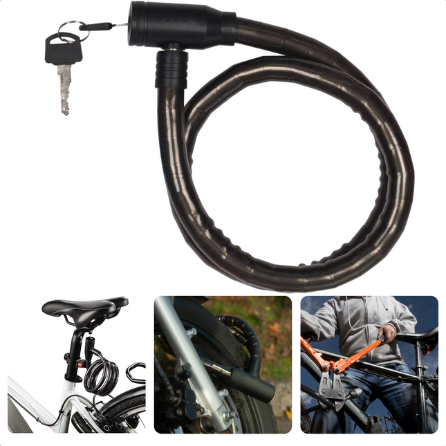 Cheqo® Kabelslot - Fiets/Scooter - Plastic Omhulsel - Met 2 Sleutels - 420g - Fietsslot - 80cm - Zwart Kabelslot