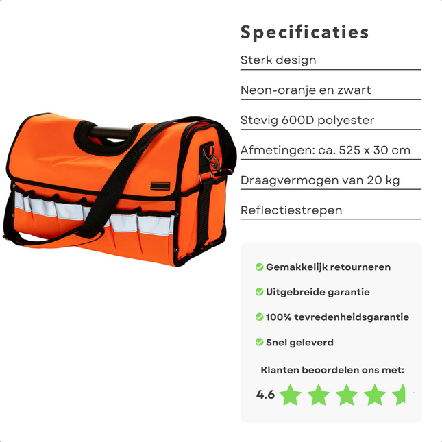 Cheqo® Gereedschapstas XXL - Solide Neon-Oranje 600D Polyester - Reflectiestrepen - 20kg - 50x22x31cm - Tapehouder - Metalen Cliphaak - Rubberen Bodem - Weer- en Vuilbestendig Gereedschapstas