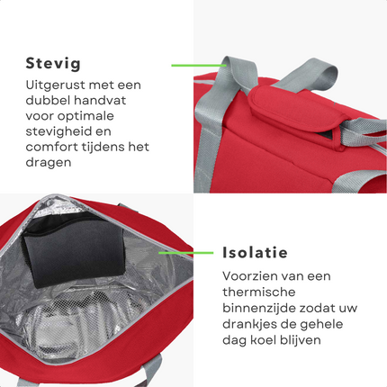 Cheqo® Geïsoleerde Koeltas - 22,3 liter - Rood - Isolerend - Thermische Binnenkant - Dubbel Handvat - Rits - 18,5 x 18 cm - Verstevigde Bodem - Voor Picknick & Boodschappen Koeltas