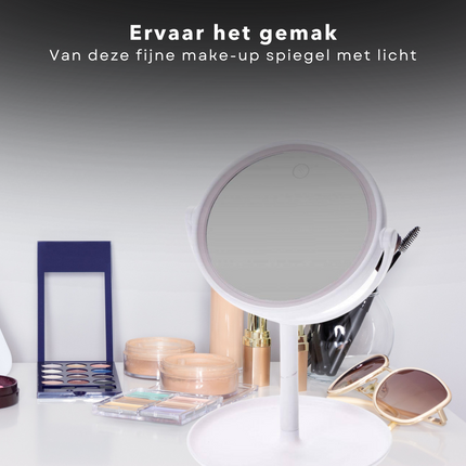 Cheqo® LED Make-up Spiegel met Licht - Spiegelverlichting - Spiegel met LED - 16cm Diameter - Touch Aan-Uit Schakelaar - USB-Connection - 4x AAA Batterijen - Kunststof - Wit Make-up spiegels