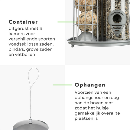 Cheqo® XL Vogelvoederhuis - Vogelhuis - Nestkast - Voederstation - Vogelhuisje - 37cm Hoog - Metaal - Ophangbaar Vogelvoederhuis