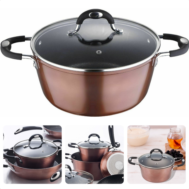 Cheqo® Luxe Kookpan met Deksel - 28x13cm - 6.2 liter - Gesmeed aluminium - 3-laagse marmer coating - PFOA-vrij/geen lood/geen cadmium - Siliconen Soft Touch Handgrepen - Koper Metallic Coating - Vaatwasmachinebestendig Kookpannen