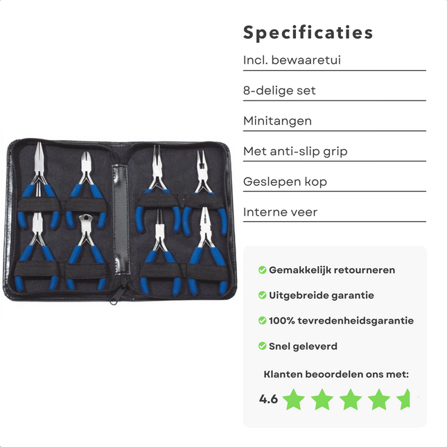 Cheqo® 8-delige Mini-Tangenset met Opbergkoffer - Tangen Set - Mini Tang - 110-145mm - Inwendige Vee en Geslepen Kop in Etui Tangensets