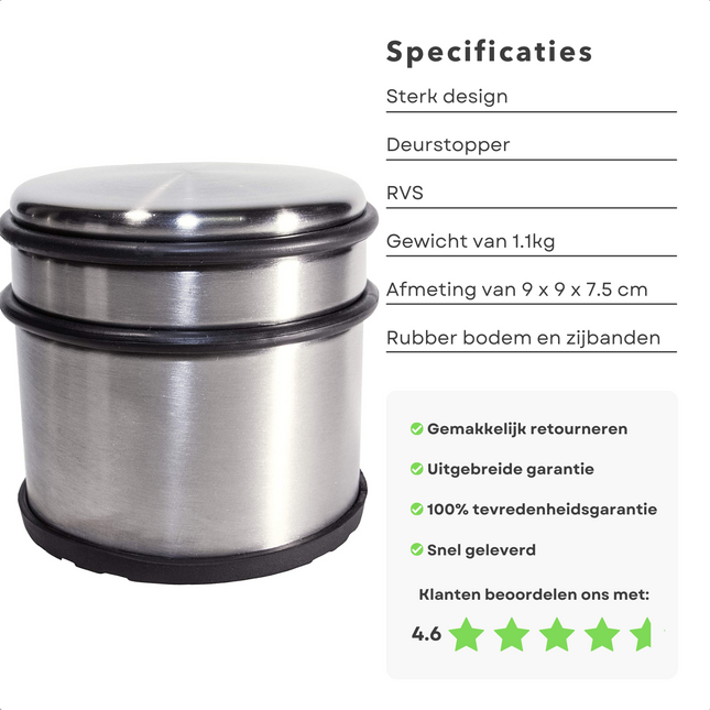 Cheqo® Deurstopper RVS ∅ 9cm - 1,1kg - Antislip - 2 Rubberen Banden - Roestvrij Staal - Deurstop - Deurwig Deurstopper