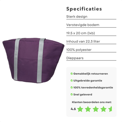 Cheqo® Geïsoleerde Koeltas - 22,3 liter - Paars - Isolerend - Thermische Binnenkant - Dubbel Handvat - Rits - 18,5 x 18 cm - Verstevigde Bodem - Voor Picknick & Boodschappen Koeltas