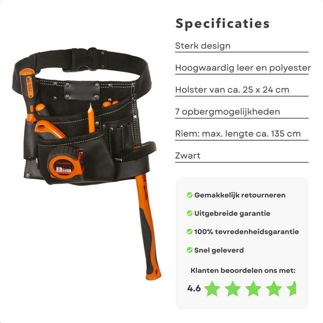 Cheqo® Gereedschapsriem Leer - Gereedschapsgordel - Leder - 25x24cm - 7 Opbergmogelijkheden - Verstelbare Riem - 135cm - Zonder Gereedschap Gereedschapsgordels