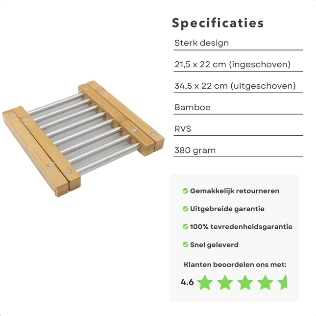 Cheqo® Uitschuifbare Onderzetter - Panonderzetter Uitschuifbaar - Onderzetters voor Pannen - Bamboe Zijkanten - RVS Stangen - 380g Panonderzetters