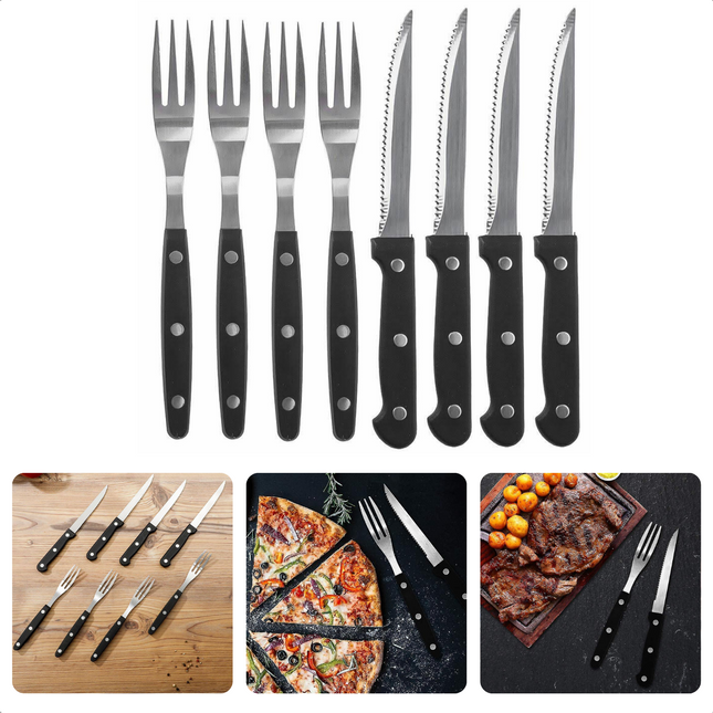 Cheqo® 8-delige Barbecue Bestekset - Steakmes & Vorkset - Kartelmes - Perfect voor BBQ - 4 Messen & 4 Vorken - RVS - 19cm Vorken & 21cm Steakmessen Messensets