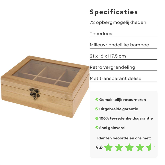 Cheqo® Theekist Bamboe - 72 Theezakjes - Theedoos - Transparant Raam - Sierslot - 21x16xH7.5cm - Milieuvriendelijk Theekist