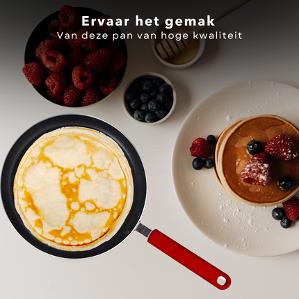 Cheqo® Pannenkoekenpan voor Inductie - ø24cm - Koekenpan - Alle Warmtebronnen - Geperst Aluminium - Anti-Aanbaklaag - Softtouch Handgreep - Ophangoog - Rood Koekenpan