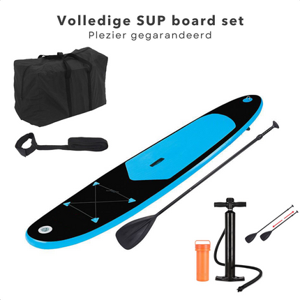 Cheqo® Complete SUP-Set - Opblaasbaar SUP Board - Stand Up Paddle Board - 285 cm - 1 Persoon - 100 kg Belasting - Anti-Slip Eva - Met Peddel, Sup-Leash, Net, Grote Handpomp, Reparatiekit, Rugtas - Dropstitch & Gelijmd PVC SUP Board