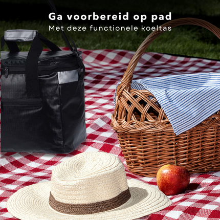 Cheqo® Koeltas 18 Liter - Zwart - 18L - Koelbox - Koelen - Koelelement - 18 cm -Voor op het Strand & Camping - Lunchtas - Geïsoleerd - Picknicktas - Verstelbare Schouderband - Stevige Rits - Draagbaar Koeltas
