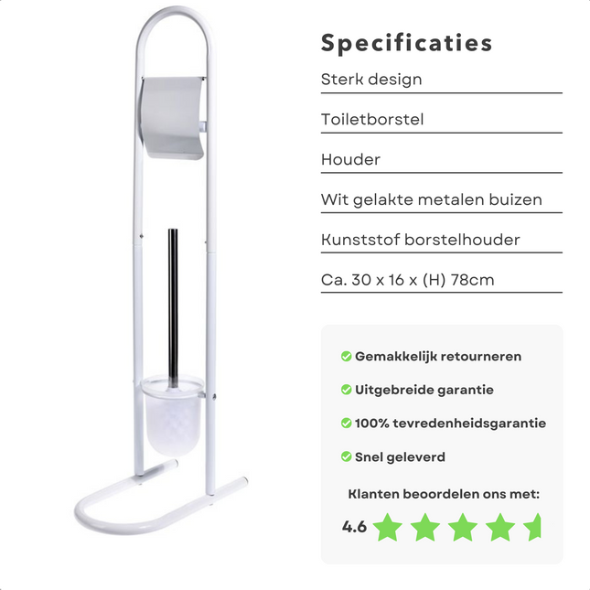 Cheqo® Toiletborstel met Houder - Toiletbutler - Toiletrolhouder - WC Borstel met Houder - Rolhouder - Wit Gelakte Metalen Buizen - Kunststof - 30x16x78cm Toiletbutler