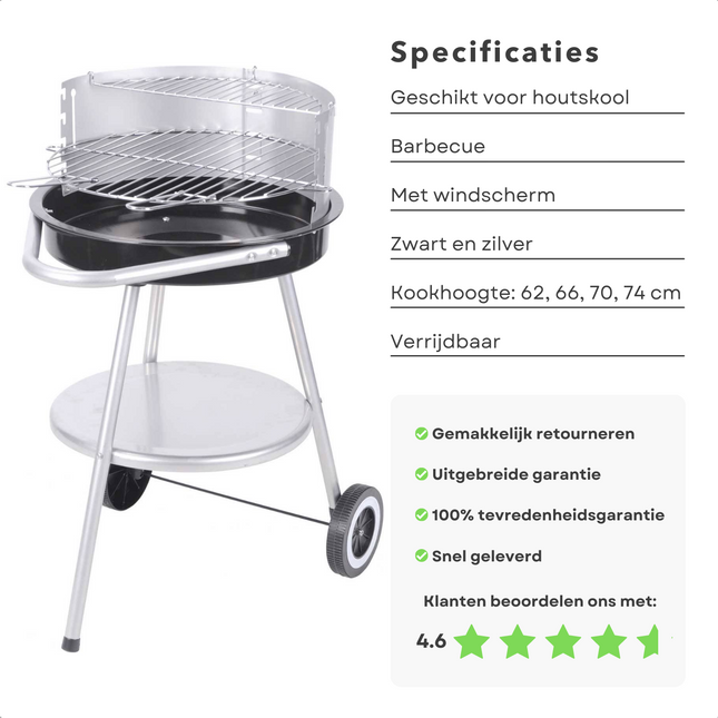 Cheqo® Luxe Houtskoolbarbecue - Barbecue - BBQ Verrijdbaar - 4 Kookhoogtes - Grillrooster ø42.5 cm - Met Windscherm - 2 Grillhandvaten - 4.2 kg BBQ