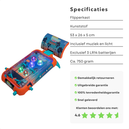 Cheqo® Flipperkast - Pinball Machine - 53x26 cm - Tafelmodel - Kunststof - 3 LR14 Batterijen - Muziek & Licht - 750 gram - Ideaal voor op tafel - Batterijen niet inbegrepen - Voor Kinderen - Voor Volwassenen - Cadeau - Tafelspel - Spelletje Spellen