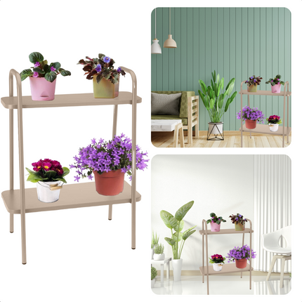 Cheqo® Metalen Bloemenrek - Plantenrek - Plantenhouder - Plantentafel - Taupe - 50x26x66cm - 2 Verdiepingen Plantenrekken