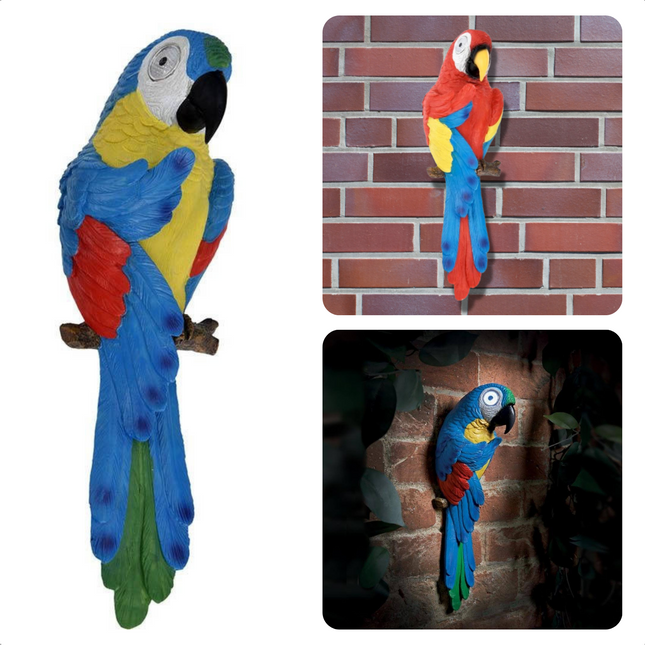 Cheqo® Papegaai met Licht - Wandlamp - Papegaai Decoratie - 37cm Hoog - 12cm Breed - 2 LED's - Polyresin Wandlamp