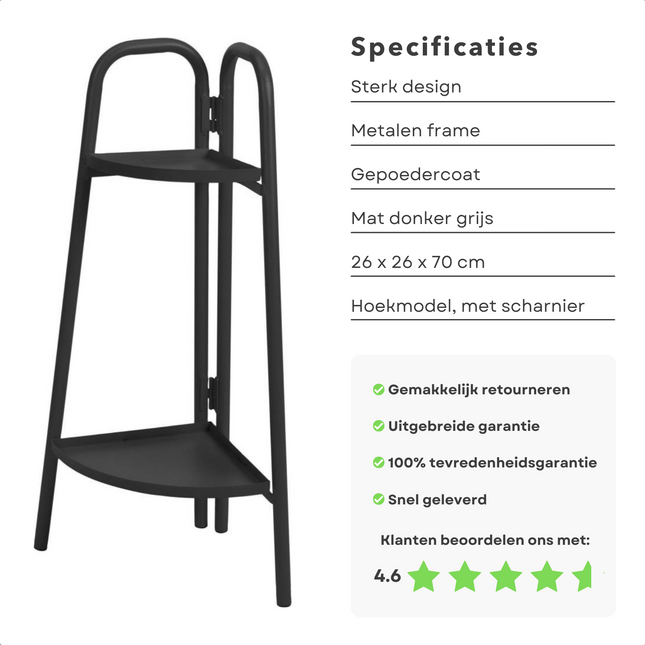 Cheqo® Metalen Plantenrek 70cm - Plantenstandaard - Plantentrap Hoekmodel - Bloemenrek - Donker Grijs - 26x26cm - Hoogte 70cm - Hoekmodel - Scharnier - Gepoedercoat Frame Plantenrek