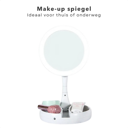 Cheqo® Dubbelzijdige Opvouwbare Spiegel - Make Up Spiegel met Verlichting - 10x Vergrotend - Met Opbergvak voor Sieraden - Op Batterijen Make-up spiegels