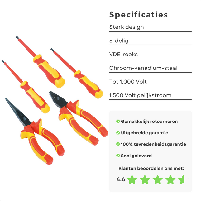 Cheqo® 5-dlg Elektro-Gereedschapset - Professionele Kwaliteit - 1000V Wisselstroom/1500V Gelijkstroom - Combinatietang - Telefoontang - Kruis/Gleufschroevendraaiers - Ergonomische Greep & Nop - Handige Tas - Elektra - VDE Gereedschapset - Magnetisch Schroevendraaiers