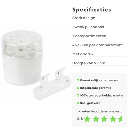 Cheqo® Pillendoos 7-daags - Doos met Medicijnen - Pillen Planner - Medicijndoos - 1-weekse Pillendoos - 7 Verwijderbare Compartimenten - 4 Vakken per Compartiment - Morgen - Middag - Avond - Nacht - Ø8.5cm - Hoogte 9.5cm. Pillendoos