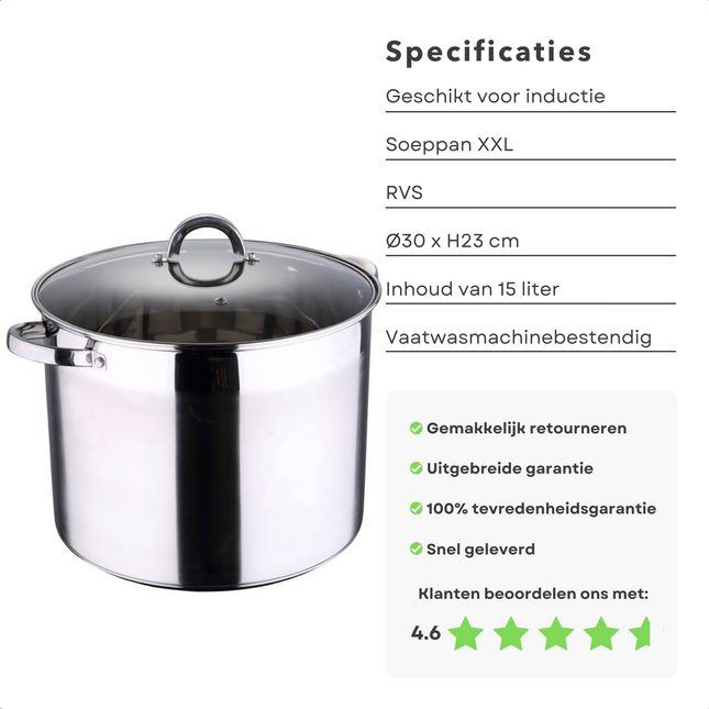 Cheqo® Soeppan XXL - Kookpan - RVS - 15L - 30cm Diameter - 23cm Hoogte - Transparant Deksel - Maatverdeling - Alle Warmtebronnen - Ook Geschikt voor Inductie Soeppannen