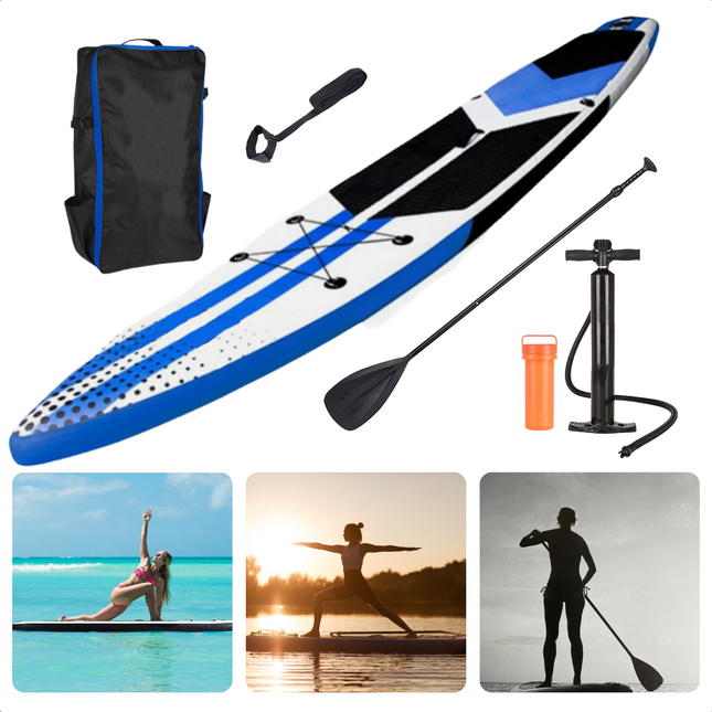 Cheqo® Complete SUP-Set - Opblaasbaar SUP Board - Stand Up Paddle Board - 350x79x15cm - EVA Grip - Double Layer - 150kg Belastbaar - Afneembare Vin - Aluminium Peddel - Handige Tas - Grote Pomp - Surf-Leash - 15kg SUP Board