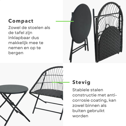 Cheqo® 3-Delige Tuinset met Bijzettafel - Metaal - Bistroset - Vouwbaar - Inklapbaar - Balkon - Tuin - 2-Persoons - Comfortabel - Lichtgewicht - Compact - Zwart - 15 kg - 62x57x78 cm - ø48x44 cm - 110 kg Draagkracht Tuinsets