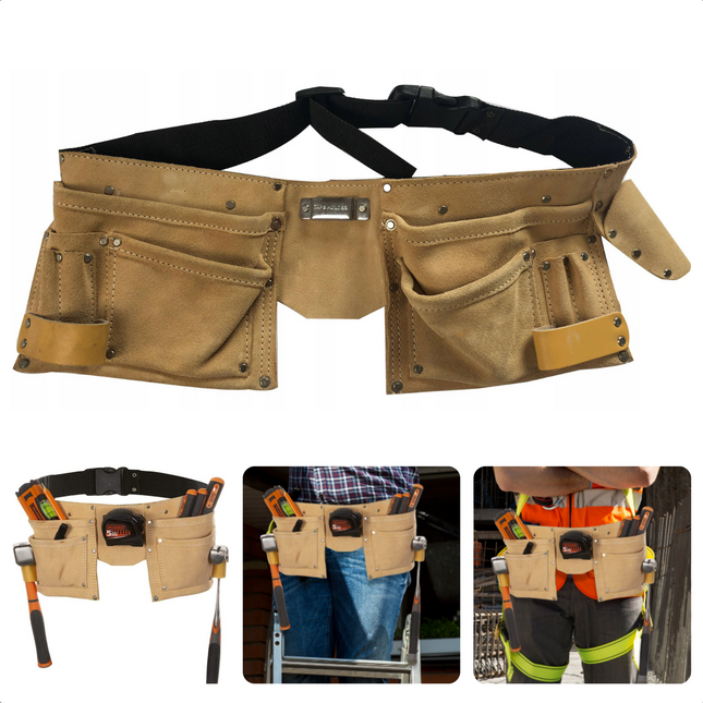 Cheqo® Gereedschapshouder - Gereedschalsgordel - Suede-Splitleer - Plaats voor Rolmaat - Met Hamerhouders - 135cm Verstelbare Band - 23x23cm Buidel Gereedschapsgordels