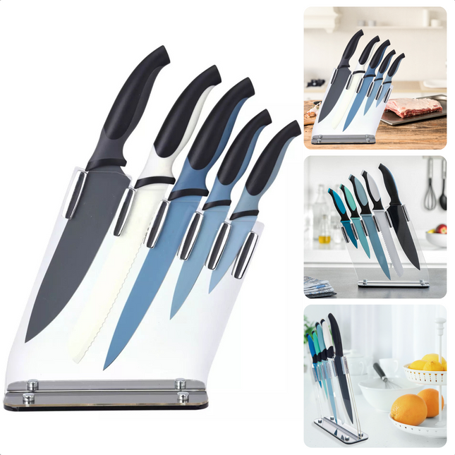 Cheqo® Luxe Messenset - Keukenmessen - Messenblok - Transparante Kunststof Standaard - 20.3cm Koksmes, Broodmes, Universeel Mes, Groentemes - 35cm Hoogte Messenset Keukenmessen