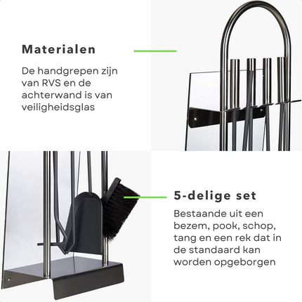 Cheqo® Openhaardset RVS - Haardstel - Haardet - Haard Accessoires - 5-delig met Veiligheidsglas - 22x15.5x64.5cm - Met Borstel, Schep, Pook, Tang - Rvs Grepen Haardstel