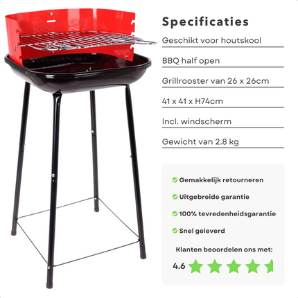 Cheqo® Houtskoolbarbecue - Houtskool BBQ - Barbecue - Ø41cm - Windscherm - Grillrooster - Vuurschaal 0,7mm - Gewicht 2.8kg BBQ