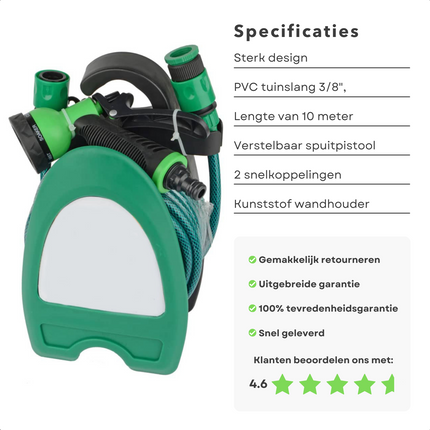 Cheqo® Flexibele Tuinslang Set 10m - PVC - 3/8" Verstelbaar Sproeipistool - 6 standen - 2 snelkoppelingen - Met adapter - Met Wandhouder - Wandhaspel Tuinslang