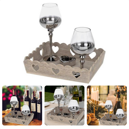 Cheqo® Kaarsen met Dienblad - Kandelaar Set - Kaarsenbord - Kaarsenplateau - Kaarsplateau - Woonaccessoires - 4-Delig - 2 Glazen en 1 Zilver Hart - Voor Waxinelichtjes en Kleine Kaarsen Decoratieve dienbladen