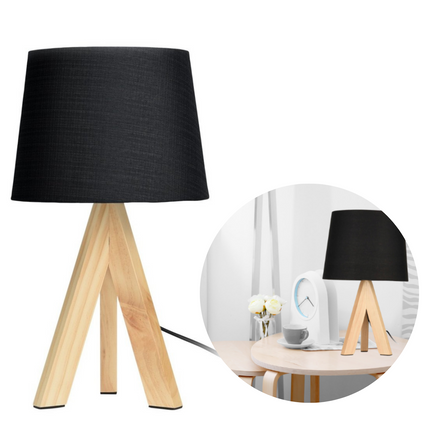 Cheqo® Luxe Tafellamp met Houten Poten - Bedlamp - Lamp - Sfeerverlichting - Ronde Kap - ø18cm - 29cm Hoog - Adapter - Zwarte Kap Tafellamp