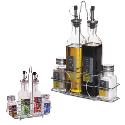 Cheqo® Azijnstel - Peper en Zout Set - Oliefles - Azijnfles - RVS - Met Houder - Kruidenrek Kruidenrek