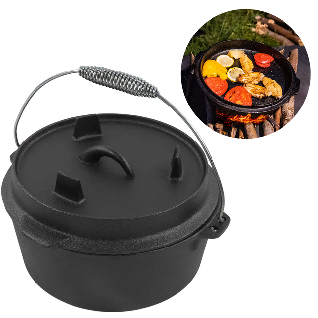 Cheqo® Dutch Oven Pan - Gietijzer - Braadpan - BBQ Pan - Barbecue Pan - ø25cm x h15cm - Deksel met Opstaande Rand - Veelzijdig Gebruik - Ook als Oven - 5,5kg Barbecuepannen