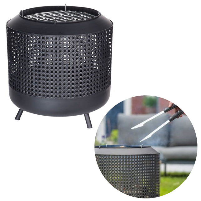 Cheqo® 2-in-1 Vuurkorf met BBQ Rooster - Barbecue - Terrashaard - Houtkachel - Tuinhaard - Terrasverwarming - Vuurkorf - Zwart - Inclusief Rooster - 51cm Hoog - 50cm Diameter BBQ