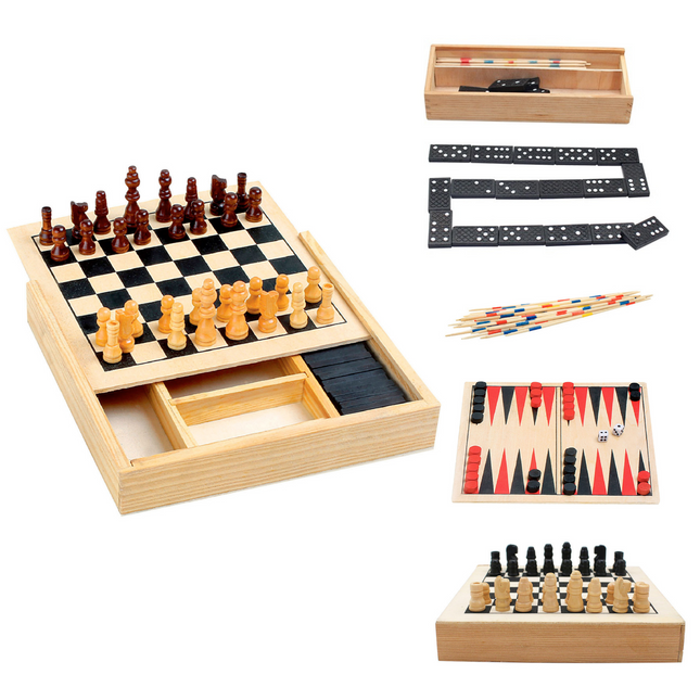 Cheqo® 4-in-1 Spellendoos - Spellenset - Bordspellen - Bordspel Set - Backgammon - Mikado - Domino - Schaken - Hout - 17x17x3cm Bordspellen