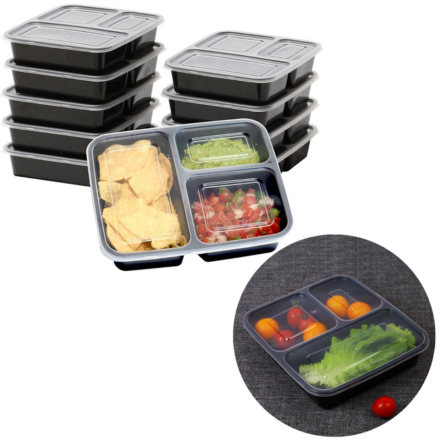 Cheqo® Vershoudbakjes Herbruikbaar - Meal Prep Bakjes - Diepvriesbakjes - Lunchbox - Vershouddoos - Plastic Bakjes - Magnetron Bakjes - Voedselcontainer - 10 Stuks met 3 Compartimenten Meal Prep Bakjes