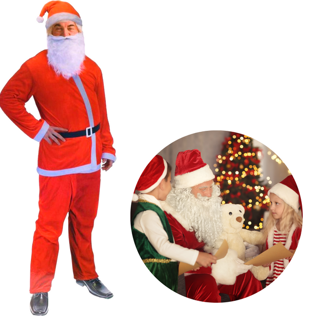 Cheqo® Kerstmanpak - Kerstmannenpak - Kerstman Kostuum - Kerstman Pak met Muts - Baard - Jas - Broek - Riem - One Size - 5-delig Kerstmannenpak