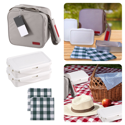 Cheqo® Complete Lunchtas - Picknicktas - Picknickset - Picknickmand - Koelbox - Grijs-  2 Lunchboxen - Tray - 2 Katoenen Servetten - Met Draagriem & Handvat Koelbox