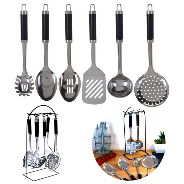 Cheqo® RVS Keukengerei Set met Houder - Keukengereedschap - Keukenset - Soeplepel - Spaghettilepel - Schuimspaan - Serveerlepel - Serveerspaan - Bakspaan - Met Houder - Vaatwasserbestendig - 6 Delig Keukengerei Set