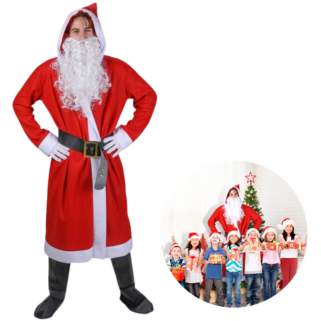 Cheqo® Kerstmanpak - Kerstmannenpak - Kerstman Kostuum - Kerstman Pak met Mantel - Baard - Overzetschoenen - Riem - Handschoenen - One Size - 5-delig Kerstmannenpak