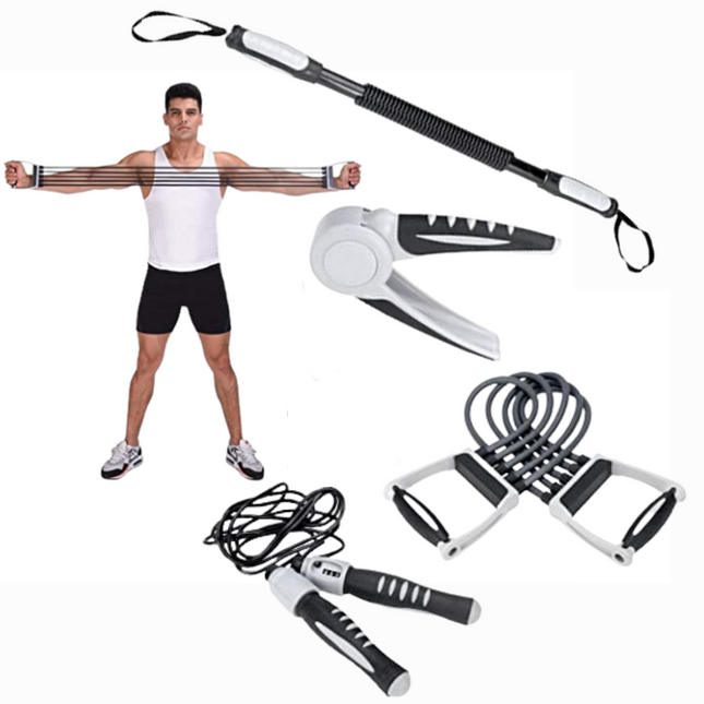 Cheqo® 5-in-1 Fitness Set - Thuis Sporten - Thuis Fitness - Springtouw met Teller - Instelbare Chest Expander - 2 Handtrainers - Power Twister - Home Gym - Conditie - Crossfit Fitnessmaterialen