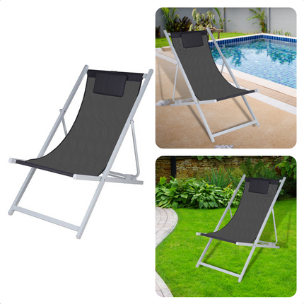 Cheqo® Ligstoel met Kussen - Strandstoel - Tuinstoel - Wit Aluminium Frame - Grijs/Zwart Doek - Inklapbaar - Verstelbaar - 101x61x91cm - Gewicht 3.8kg - Wit Frame Campingstoel