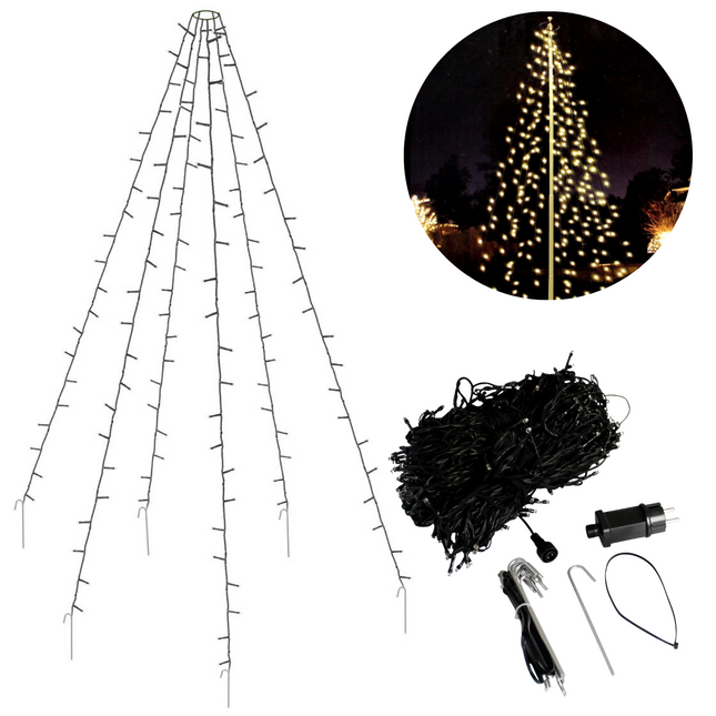 Cheqo® Vlaggenmast Verlichting - Lichtketting Vlaggenmast - Kerstverlichting - Kerstboom Verlichting - 400 LED's - 8 Meter - Met Haringen Vlaggenmast Verlichting