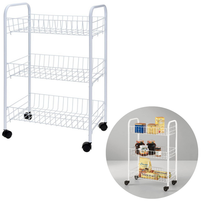 Cheqo® Keukentrolley - Opbergrek Verrijdbaar - Rolwagen - Keukenrek - Trolley - Voor Badkamer of Keuken - Wit met 3 Manden - 40x26xH62cm Keukentrolley