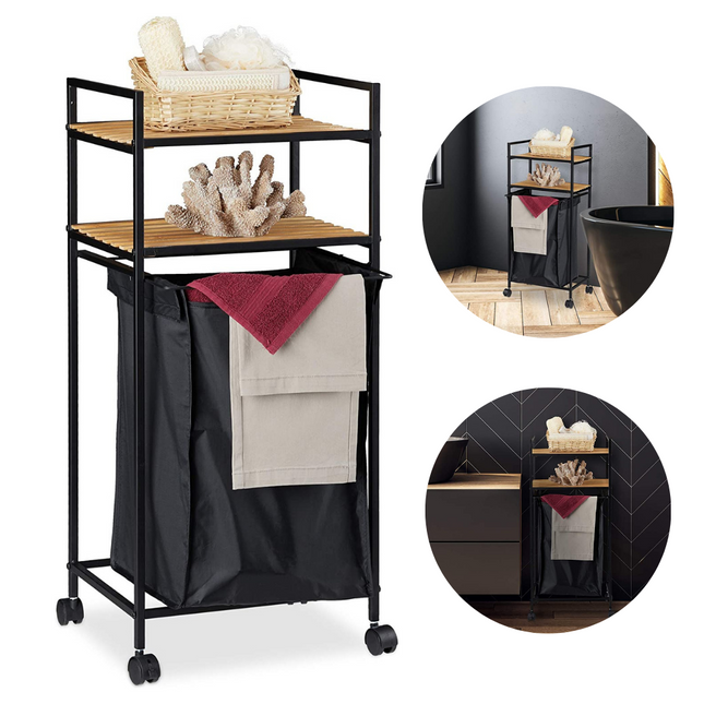 Cheqo® Verrijdbare Badkamertrolley - Badkamerkast met Wasmand - Badkamerplank - Badkamerrek met Legplanken Badkamerkast