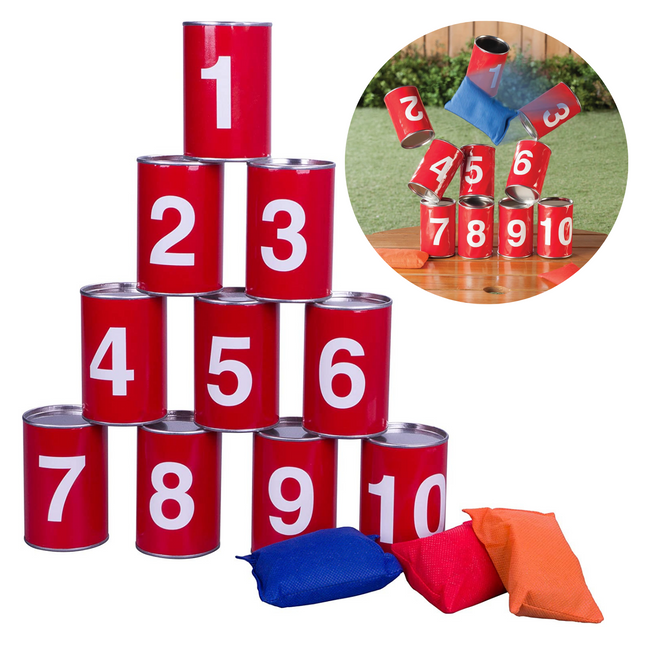 Cheqo® Blikgooien Set met Pittenzak - Pittenzak Gooien - Werpspel - Oud Hollands Spel - 10 Blikken met 3 Werpzakjes Actiespellen